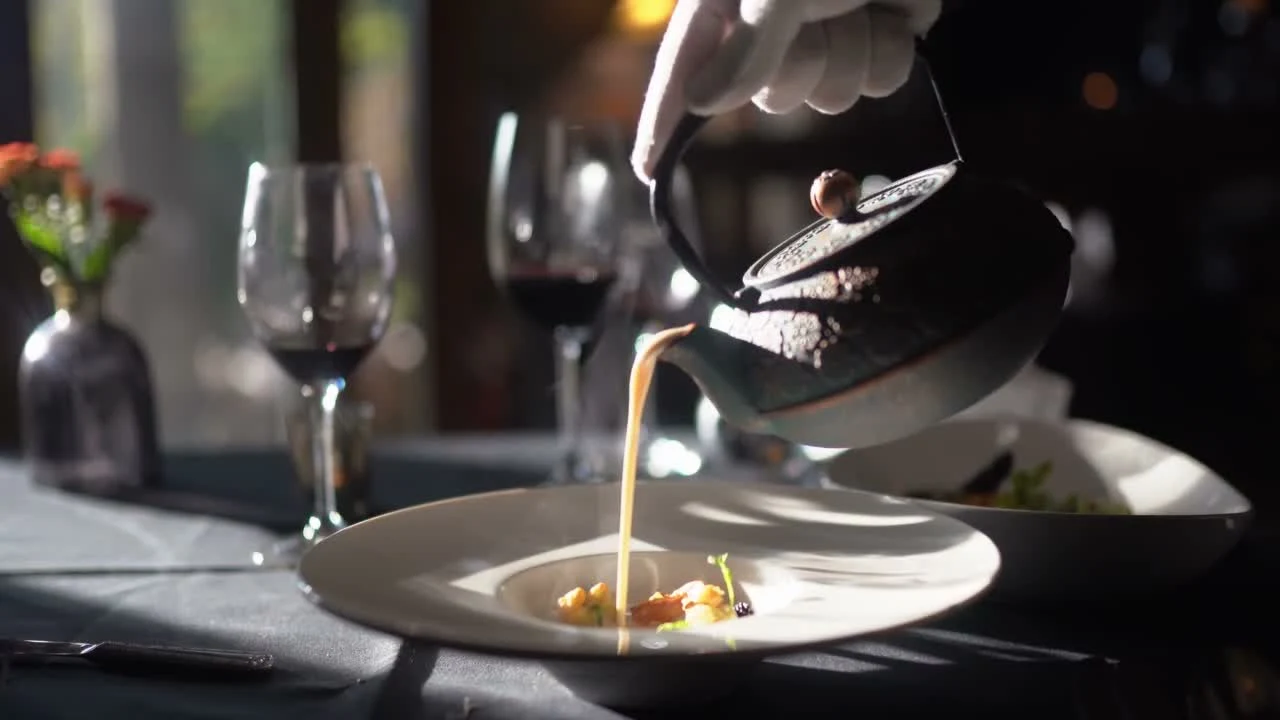 De chef maakt een gerecht af aan tafel